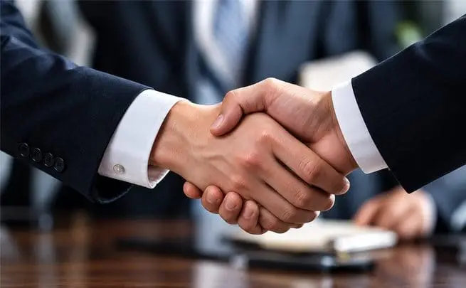 Two businesspeople shaking hands over a franchise agreement